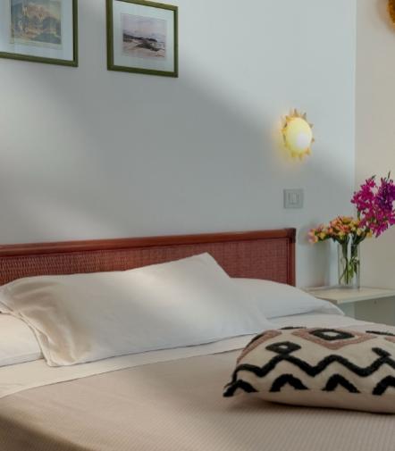 Camera accogliente, letto con cuscini morbidi, lampada solare, fiori freschi, atmosfera rilassante.
